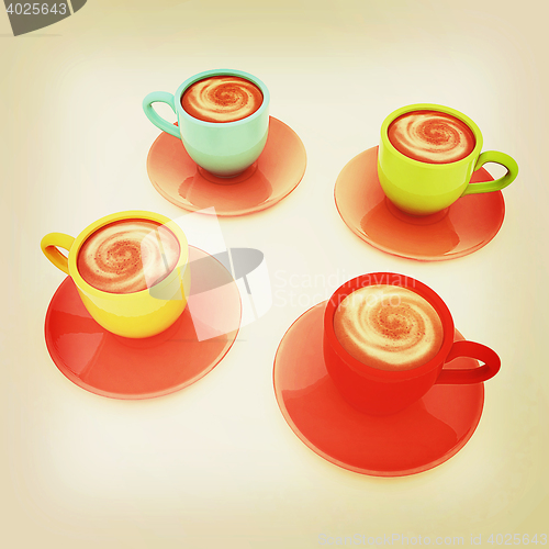 Image of Coffee cups on saucer. 3D illustration. Vintage style.