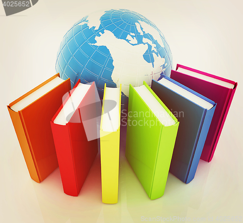 Image of Colorful books and earth. 3D illustration. Vintage style.