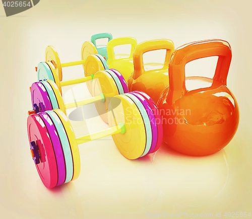 Image of Colorful weights and dumbbells . 3D illustration. Vintage style.