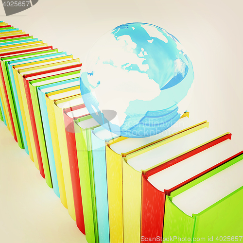 Image of Colorful books and earth. 3D illustration. Vintage style.