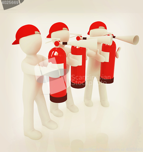 Image of 3d mans with red fire extinguisher . 3D illustration. Vintage st