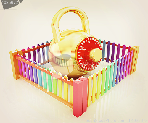 Image of Protection concept.Lock closed colorfull fence . 3D illustration