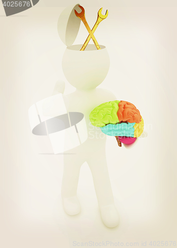 Image of 3d people - man with half head, brain and trumb up. Service conc
