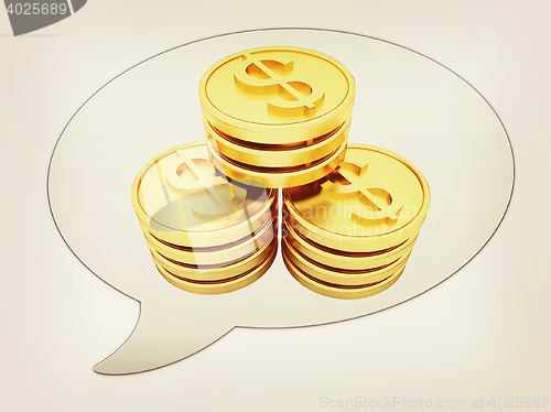Image of messenger window icon and Gold dollar coins . 3D illustration. V