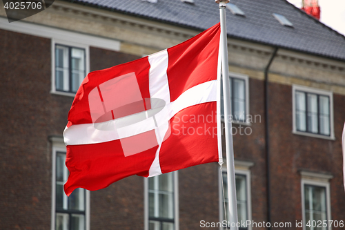 Image of Waving Danish flag on the mast in Copenhagen, Denmark