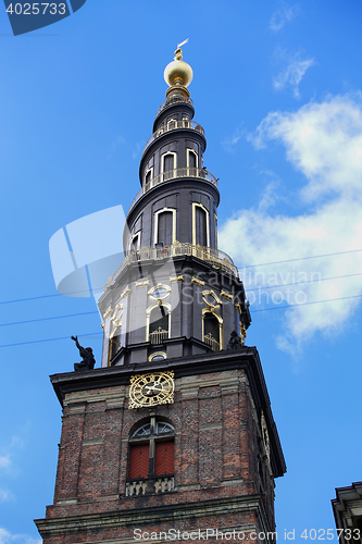 Image of View of the Vor Frelsers Kirke Tower in Copenhagen, Denmark 