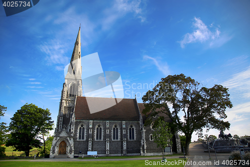 Image of St. Alban\'s church (Den engelske kirke) and fountain in Copenhag