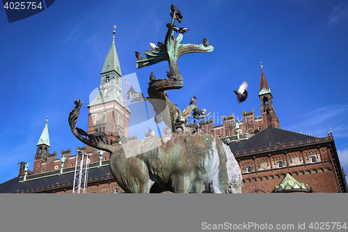 Image of Dragon fountain and Radhus, Copenhagen city hall in Copenhagen  