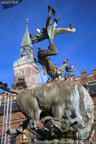 Image of Dragon fountain and Radhus, Copenhagen city hall in Copenhagen  