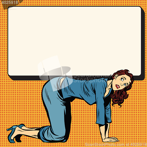 Image of Woman on all fours holding a poster