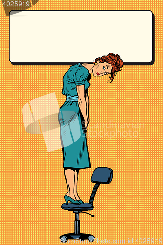 Image of Businesswoman standing on a chair holding the sign