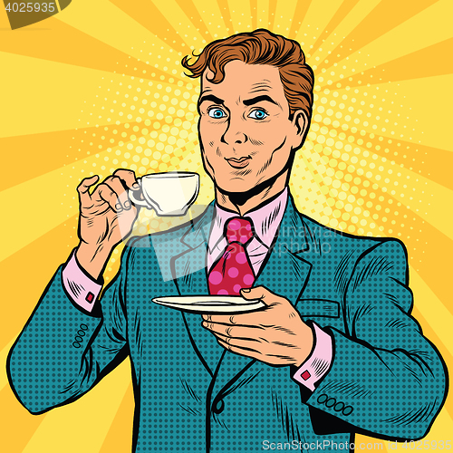 Image of Retro businessman drinking tea