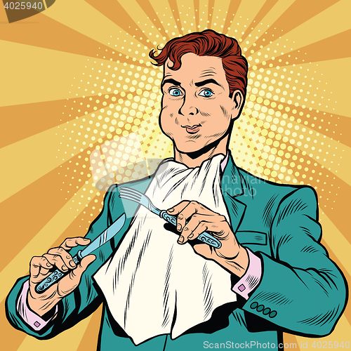 Image of Retro man eats, in the hands holding a knife and fork