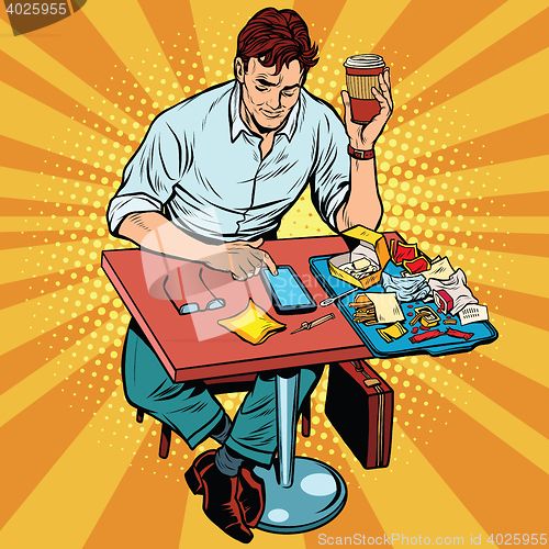 Image of Pop art man eats lunch at a fast food restaurant