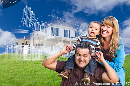 Image of Mixed Race Family with Ghosted House Drawing Behind