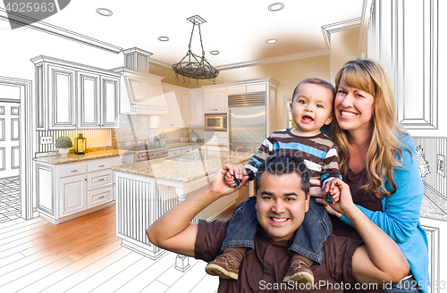Image of Young Mixed Race Family Over Kitchen Drawing with Photo Combinat