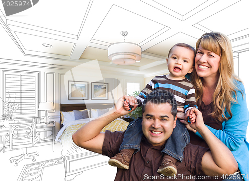 Image of Mixed Race Family With Baby Over Bedroom Drawing and Photo