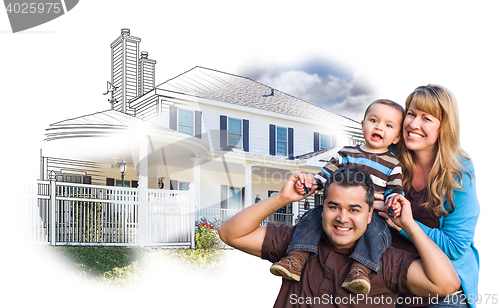 Image of Mixed Race Family Over House Drawing and Photo on White