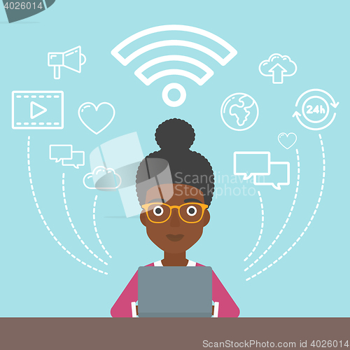 Image of Woman working on laptop vector illustration.