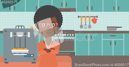 Image of Woman with three D printer vector illustration.