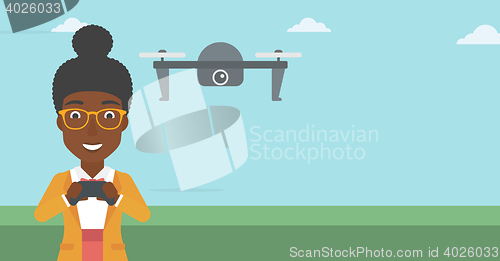 Image of Woman flying drone vector illustration.