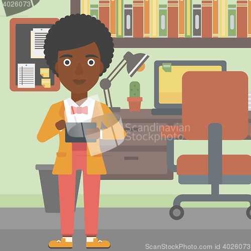 Image of Woman using tablet computer vector illustration.