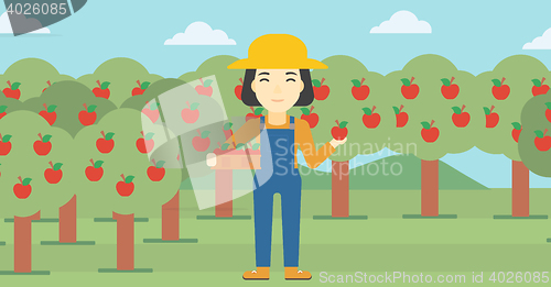 Image of Farmer collecting apples vector illustration.