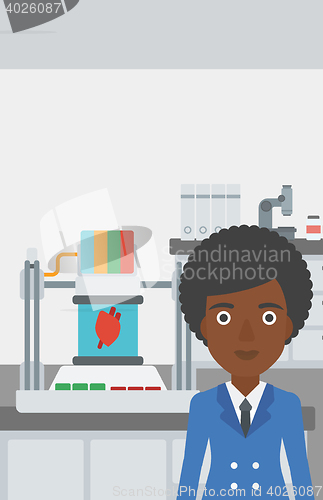 Image of Woman with three D printer vector illustration.