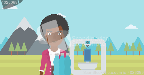 Image of Woman with three D printer vector illustration.