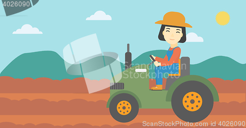 Image of Female farmer driving tractor vector illustration.