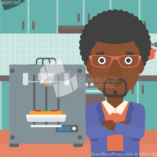 Image of Man with three D printer vector illustration.