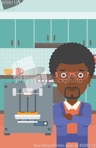 Image of Man with three D printer vector illustration.