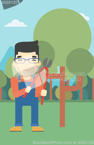 Image of Farmer with pruner in garden vector illustration.