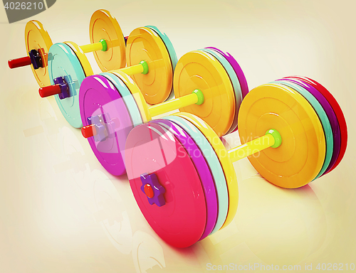 Image of Colorful dumbbells . 3D illustration. Vintage style.
