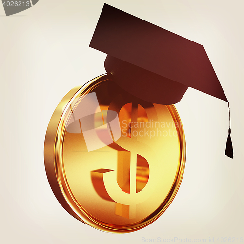 Image of Graduation hat on gold dollar coin. 3D illustration. Vintage sty