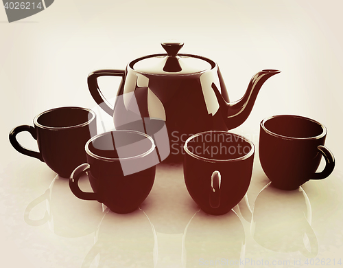 Image of black teapot and cups. 3D illustration. Vintage style.