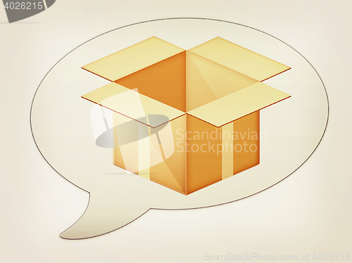 Image of messenger window icon and Cardboard box. 3D illustration. Vintag