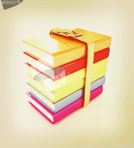 Image of colorful real books. 3D illustration. Vintage style.