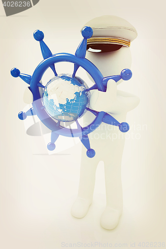 Image of Sailor with steering wheel and earth. Trip around the world conc