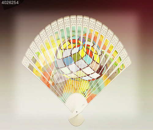 Image of Colorful hand fan. 3D illustration. Vintage style.