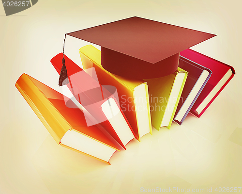 Image of Colorful books and graduation hat . 3D illustration. Vintage sty