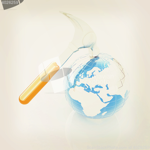 Image of Hammer and earth on white background . 3D illustration. Vintage 