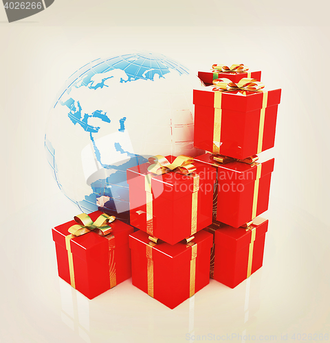Image of Traditional Christmas gifts and earth on a white background. Glo