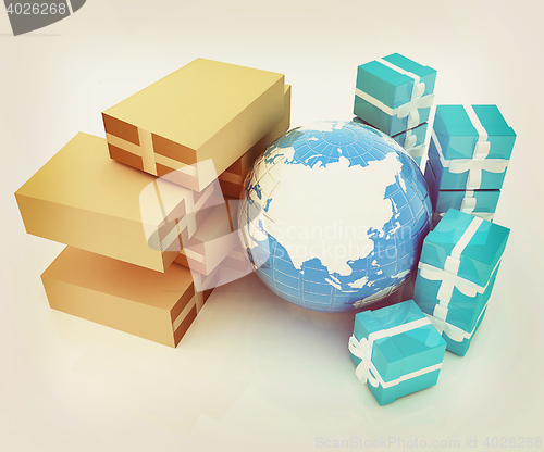 Image of Cardboard boxes, gifts and earth . 3D illustration. Vintage styl