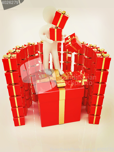 Image of ?? ????? ???? 3d man and red gifts with gold ribbon. 