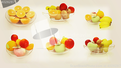 Image of Set of citrus on a glass plate. 3D illustration. Vintage style.