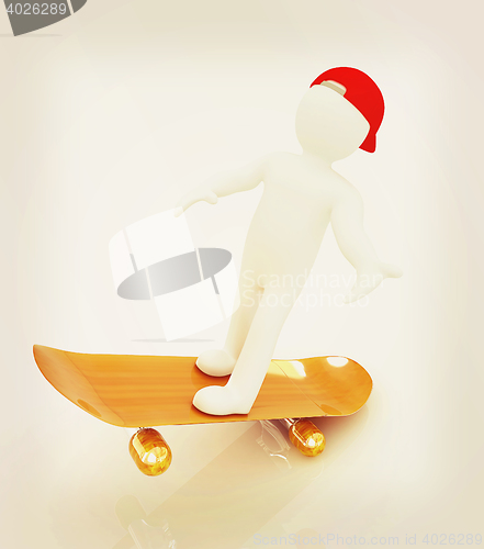 Image of 3d white person with a skate and a cap. 3D illustration. Vintage