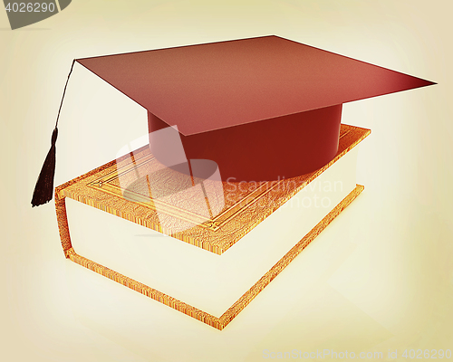 Image of Graduation hat on a leather book. 3D illustration. Vintage style