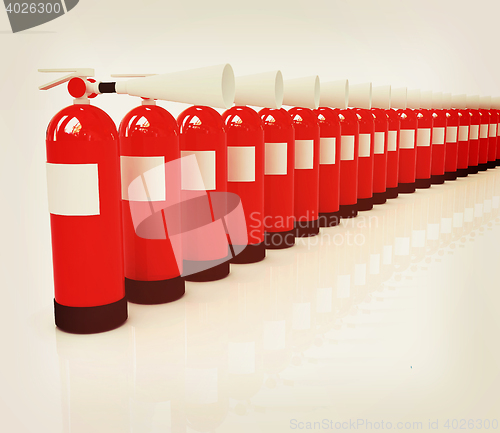 Image of Red fire extinguishers. 3D illustration. Vintage style.