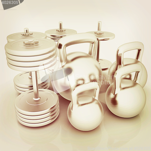 Image of Metall weights and dumbbells . 3D illustration. Vintage style.